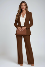 Brown blazer and wide-leg trousers set with V-neck and high-waist wide trousers