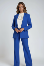 Blue blazer and wide-leg trousers set with ruffle neckline and tailored wide legs