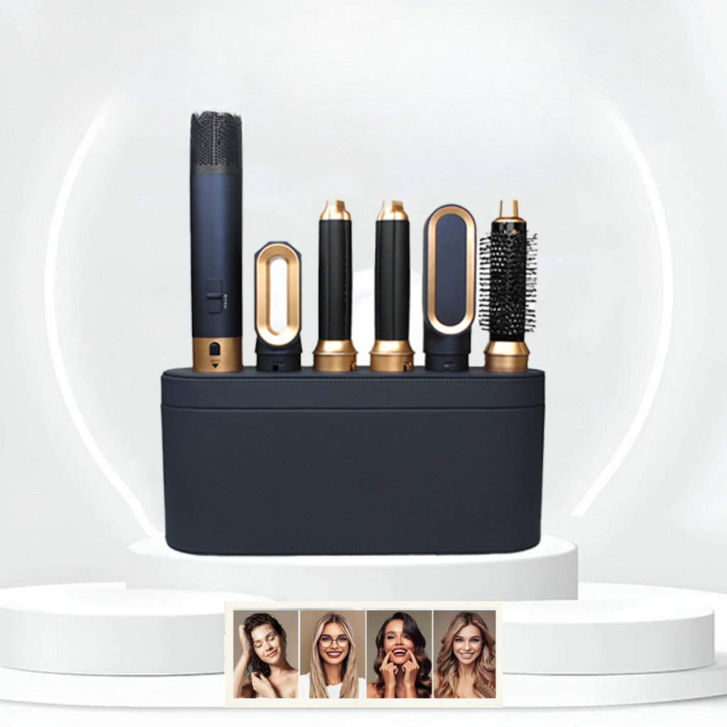 5-in-1 multi hair styler set with five interchangeable attachments on black base