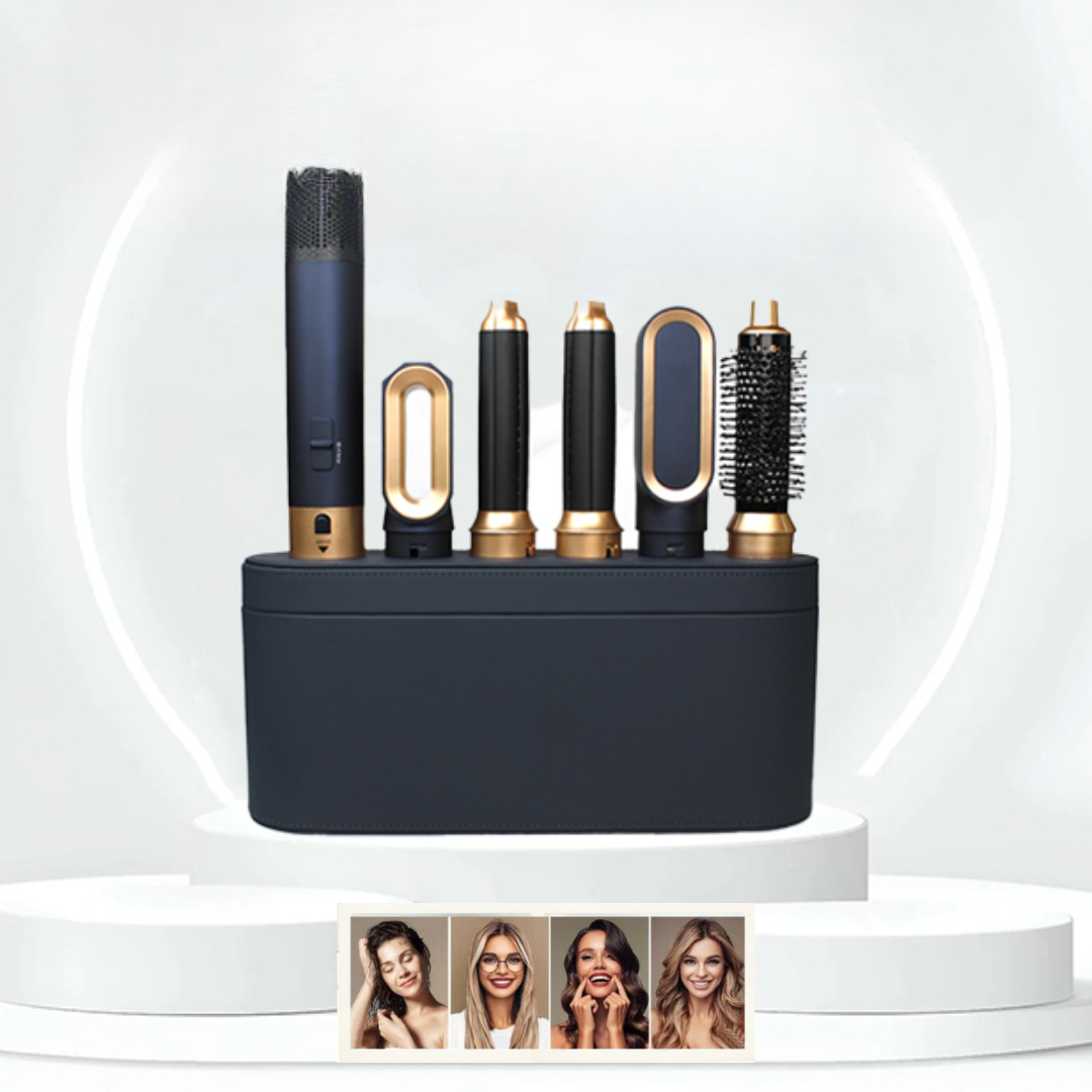 5-in-1 multi hair styler set with five interchangeable attachments on black base