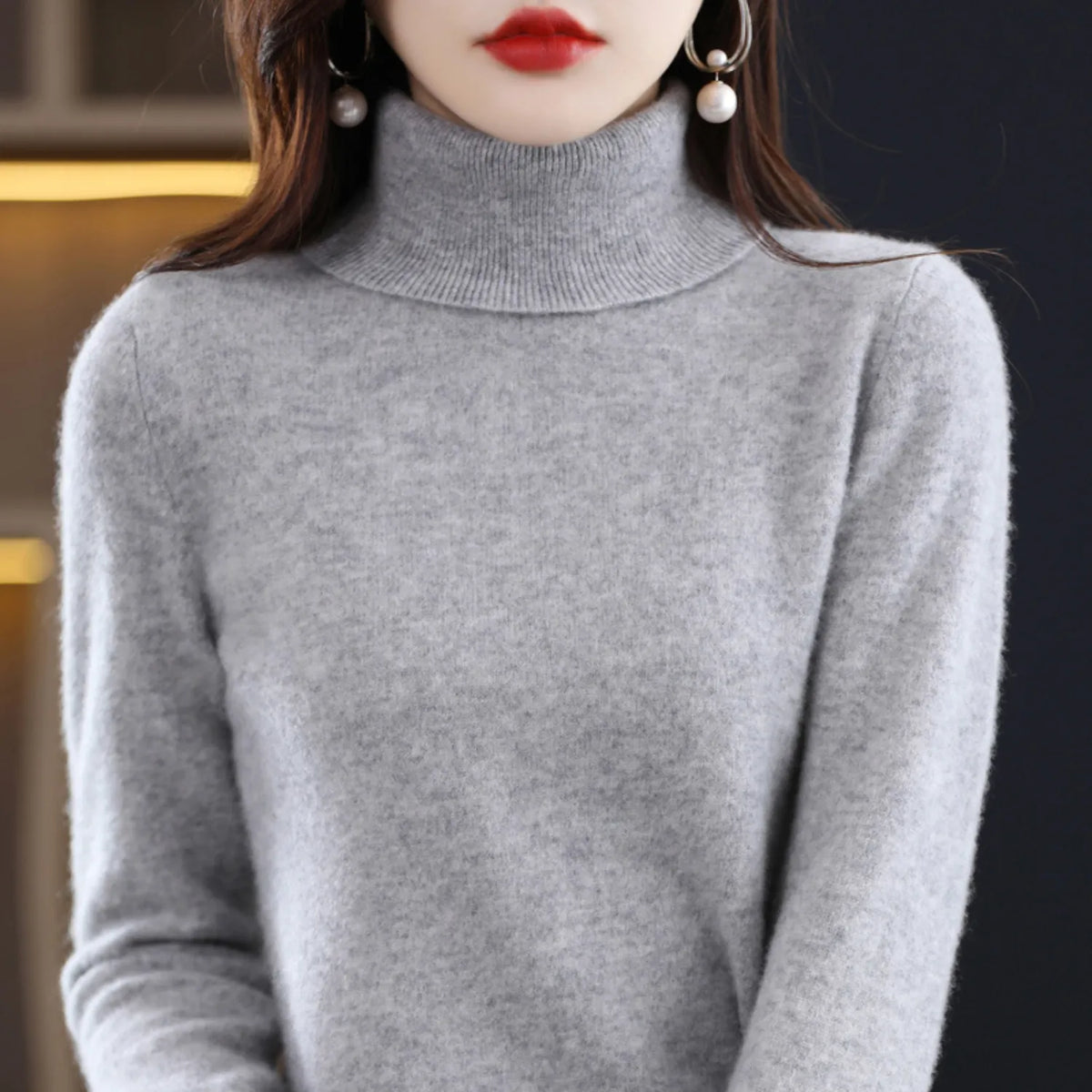 Women's soft knit turtleneck sweater with long sleeves, ribbed collar, heather gray
