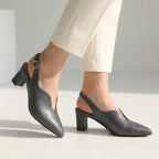Gray pointed toe slingback sandals with block heel and ankle buckle strap