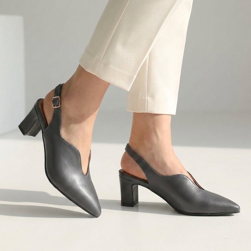 Gray pointed toe slingback sandals with block heel and ankle buckle strap