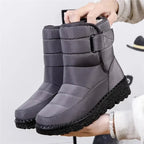 Quilted mid-calf boots in gray, buckle strap detail, rugged textured outsole