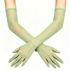 Sheer mesh elbow-length gloves in light green, with smooth fitted wrist cuffs