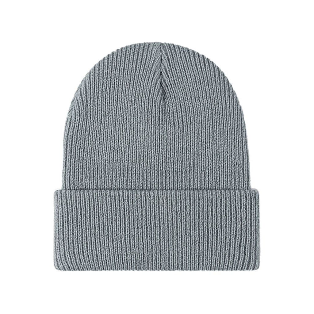 Gray knitted beanie with ribbed fold-over brim