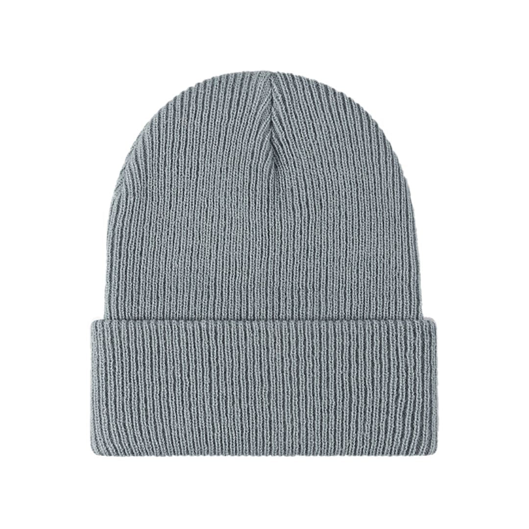 Gray knitted beanie with ribbed fold-over brim