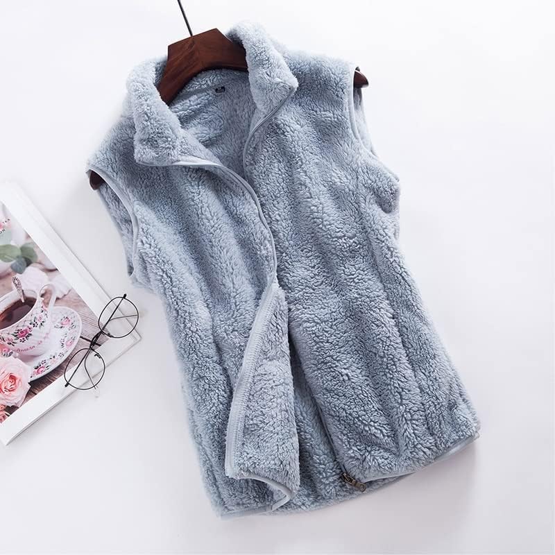 Light blue fleece bodywarmer vest with zip front and stand collar, sleeveless