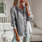 Gray long-sleeve ruffle button-up blouse with front buttons and high neck ruffle