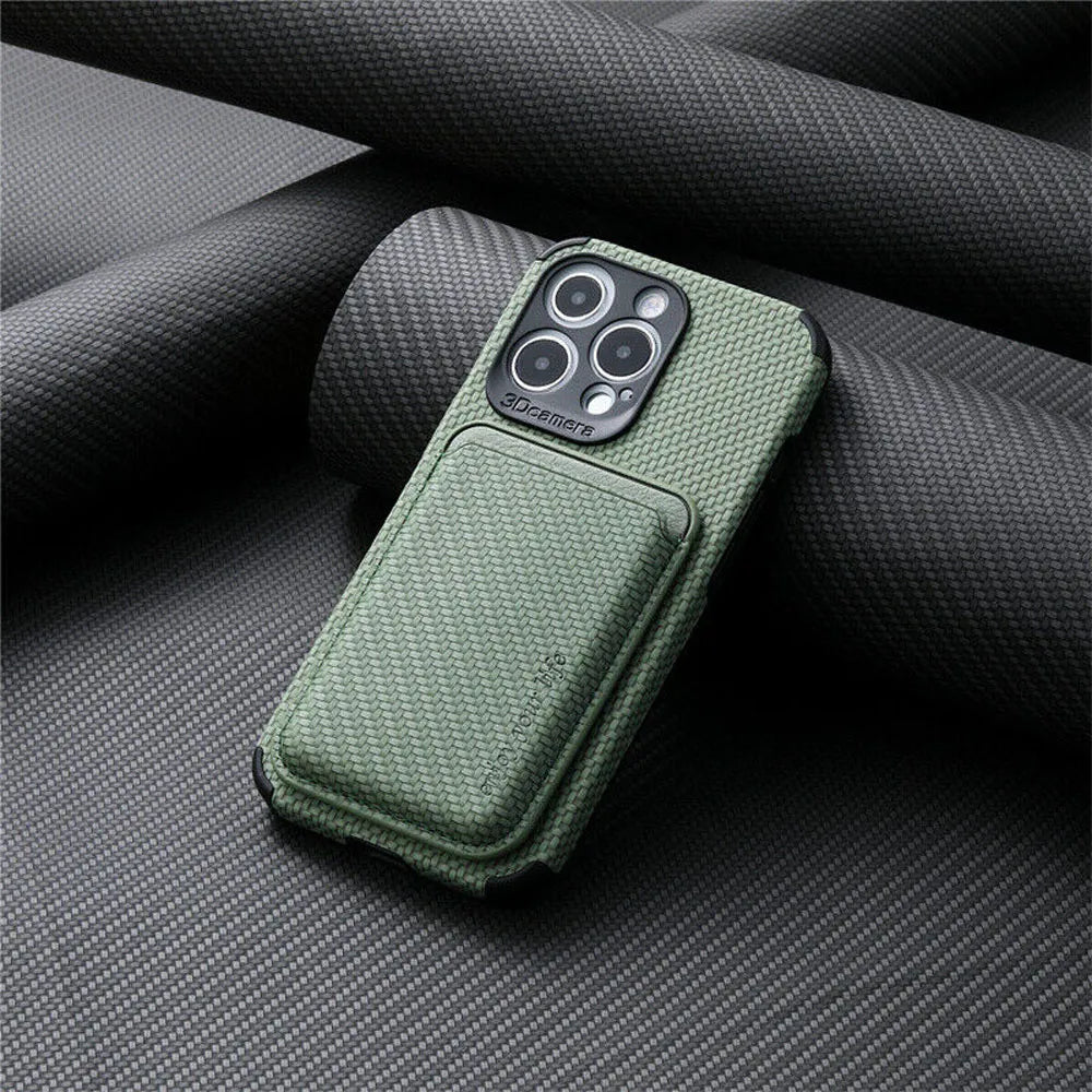 TitanWallet MagSafe phone wallet case, sage green textured fabric with front card pocket