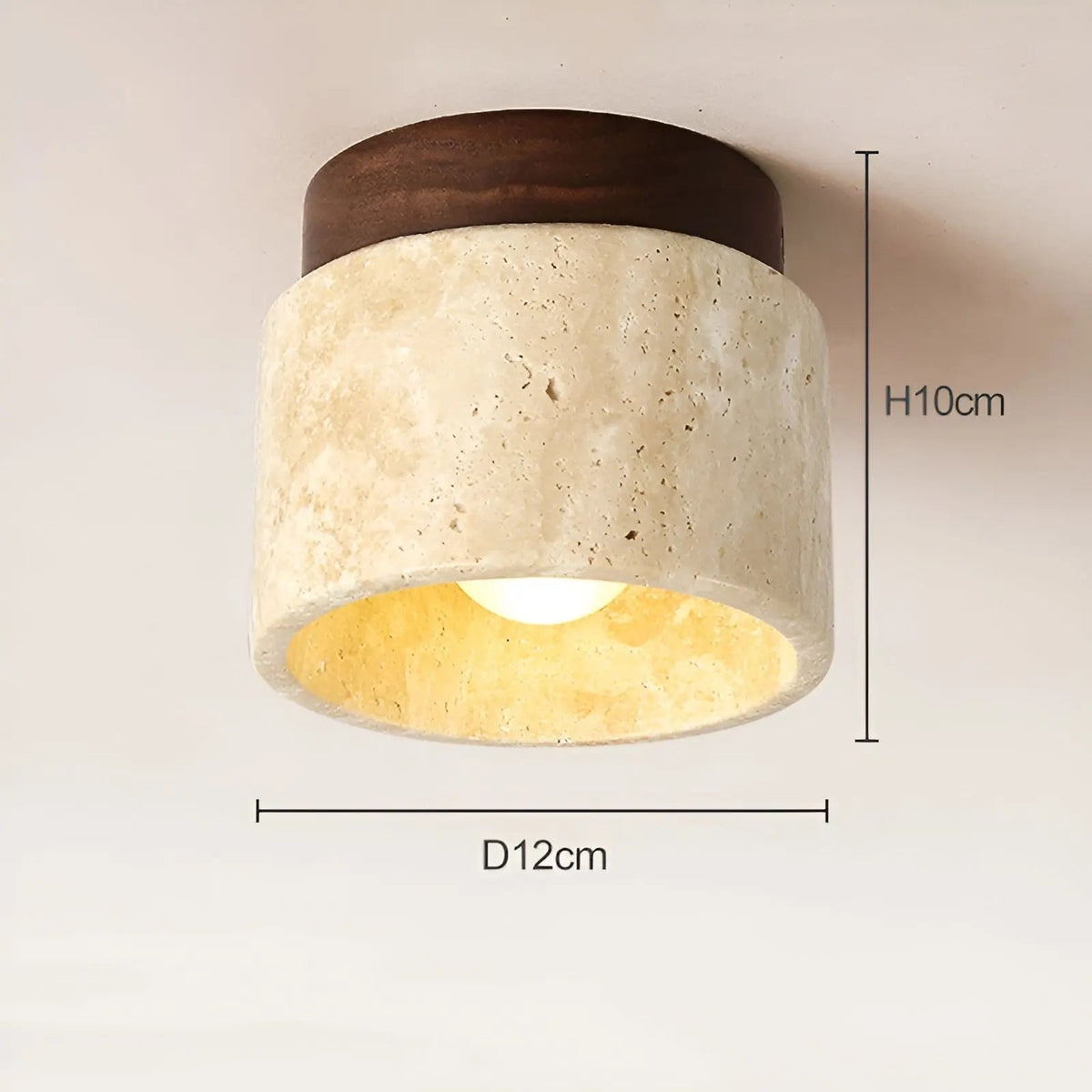Flush mount ceiling lamp, 12cm diameter, travertine shade with dark walnut top ring.