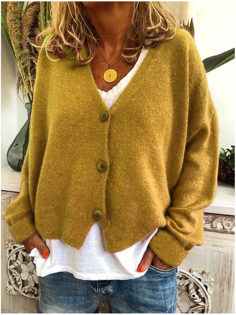 Women’s V-neck button-front cardigan, long sleeves, mustard fuzzy knit