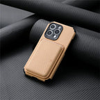 TitanWallet MagSafe phone wallet case, beige textured fabric with front card pocket