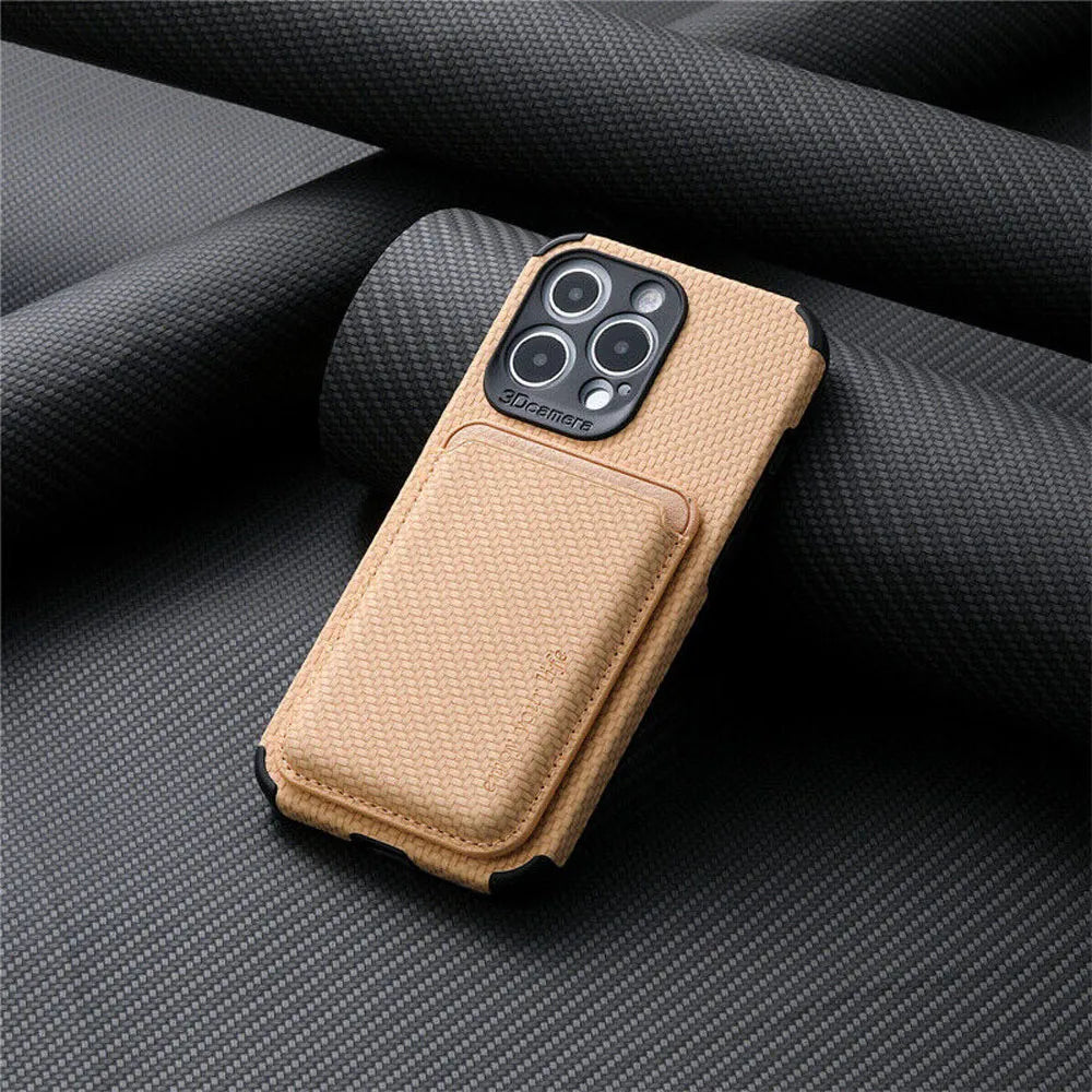 TitanWallet MagSafe phone wallet case, beige textured fabric with front card pocket