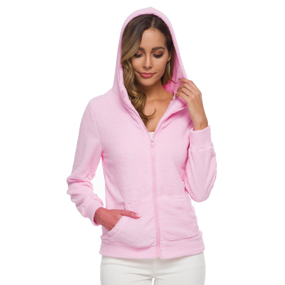 Women's soft fleece hoodie jacket with full zip and hood, light pink.