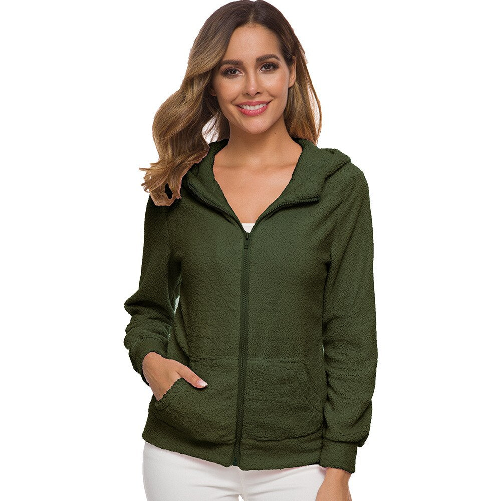 Women's soft fleece hoodie jacket with full zip and hood, dark green.