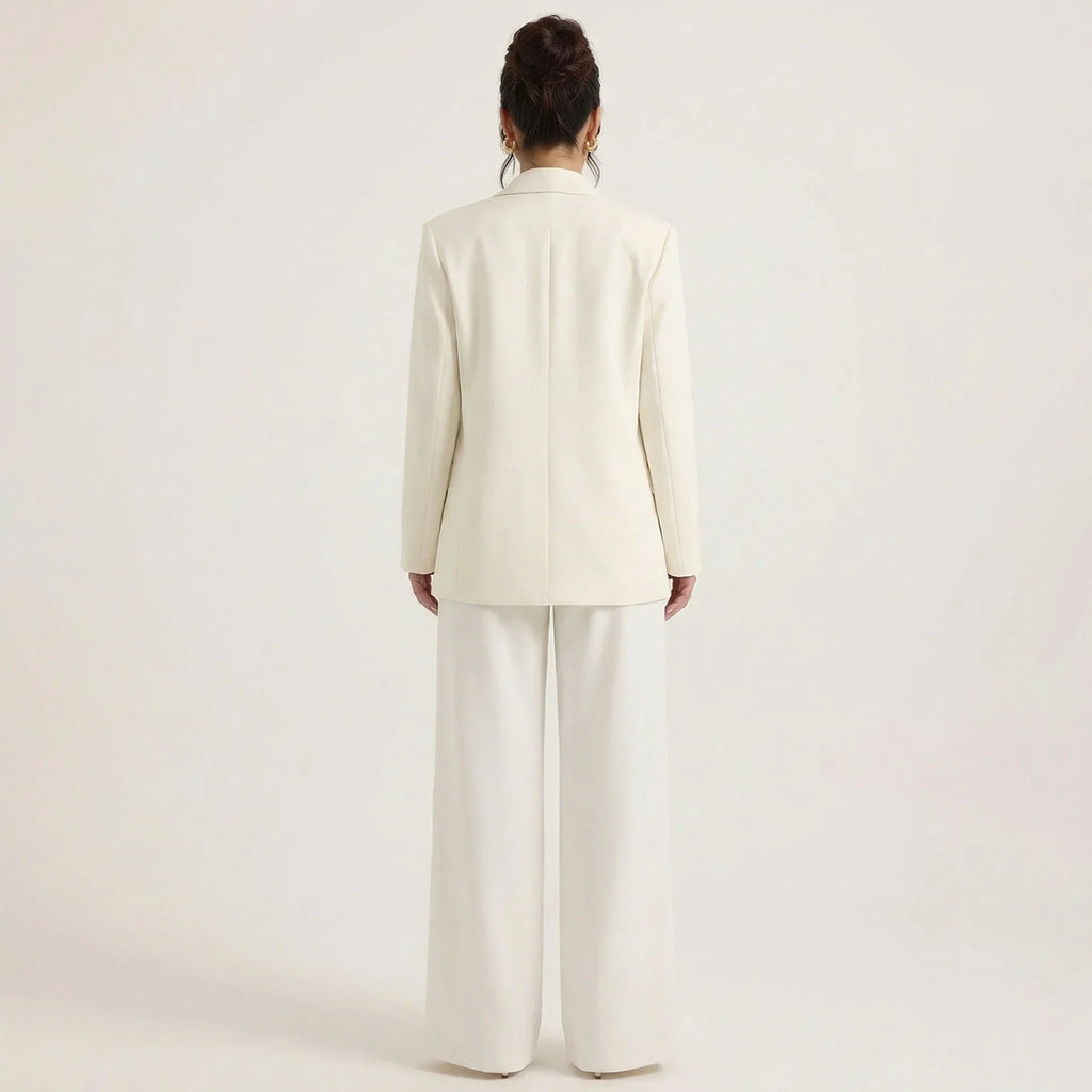 Cream tailored blazer and wide-leg pants set, back view, notch collar