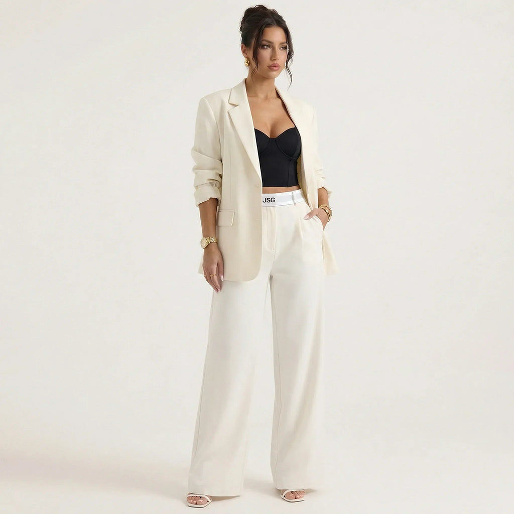 Cream tailored blazer and wide-leg pants set, long sleeves, front view