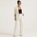 Cream tailored blazer and wide-leg pants set, long sleeves, front view