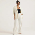 Cream tailored blazer and wide-leg pants set, long sleeves, front view