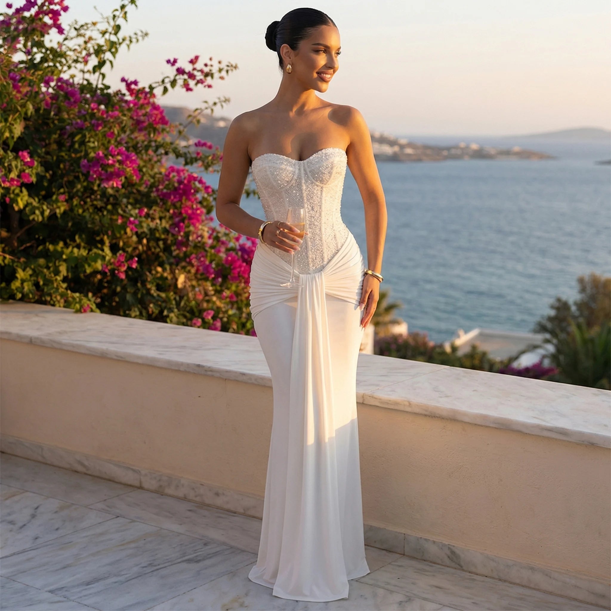 Women’s Luxury Strapless Evening Gown – Elegant Slim Fit Sequin Maxi Dress