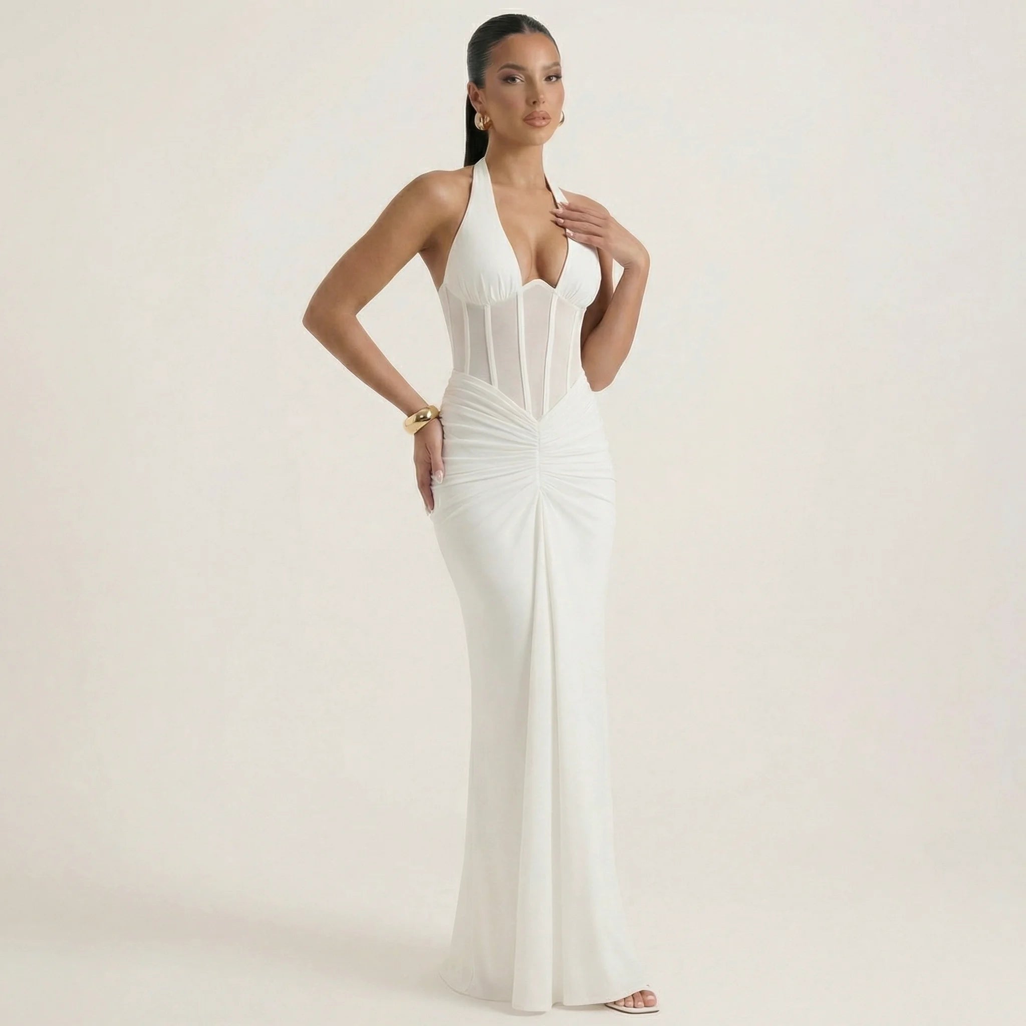 Women’s Elegant Halter Neck Maxi Dress – Deep V Ruched Slim Fit Evening Gown