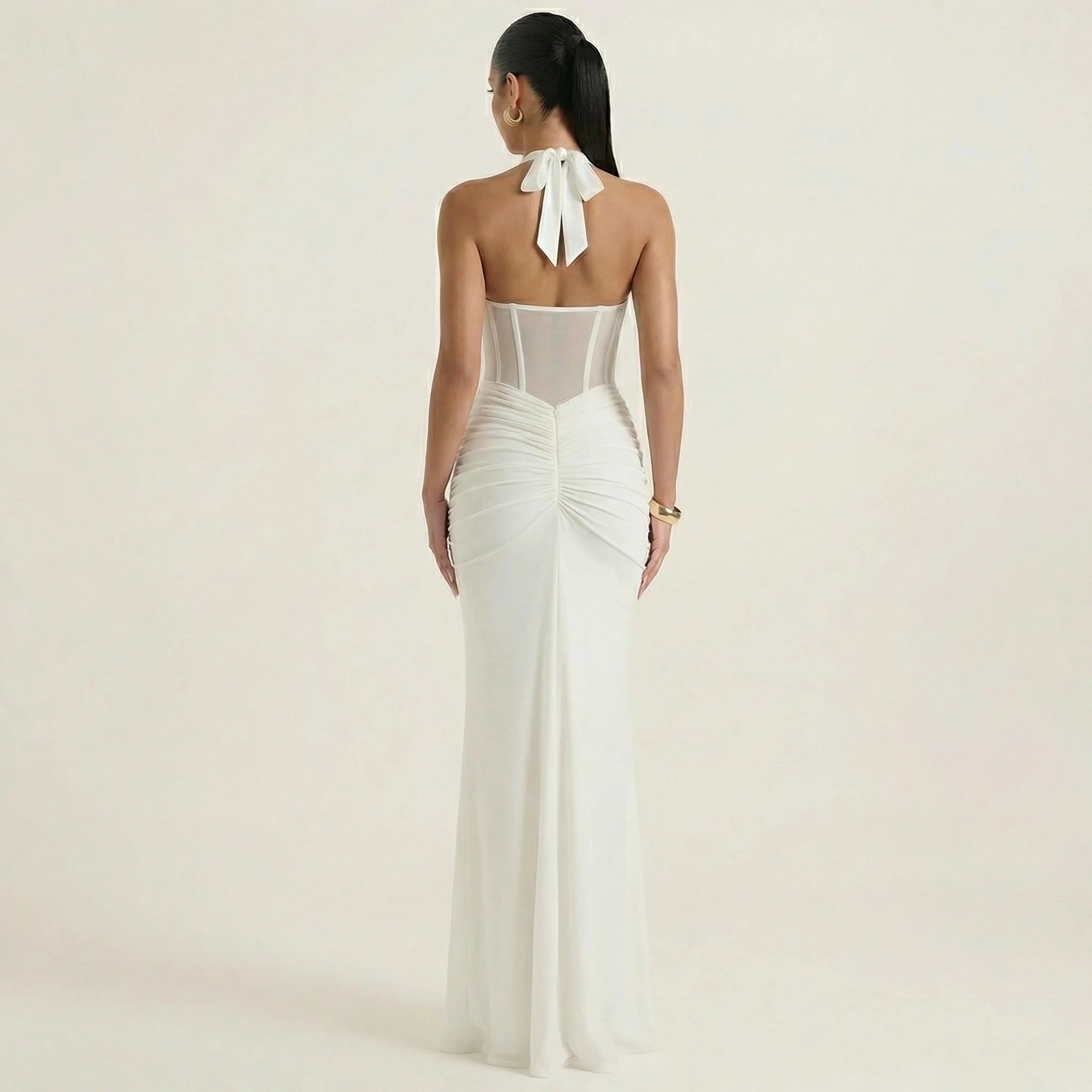 Women’s Elegant Halter Neck Maxi Dress – Deep V Ruched Slim Fit Evening Gown