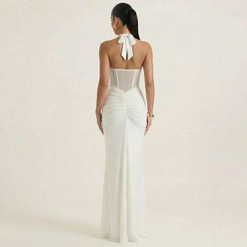 Women’s Elegant Halter Neck Maxi Dress – Deep V Ruched Slim Fit Evening Gown