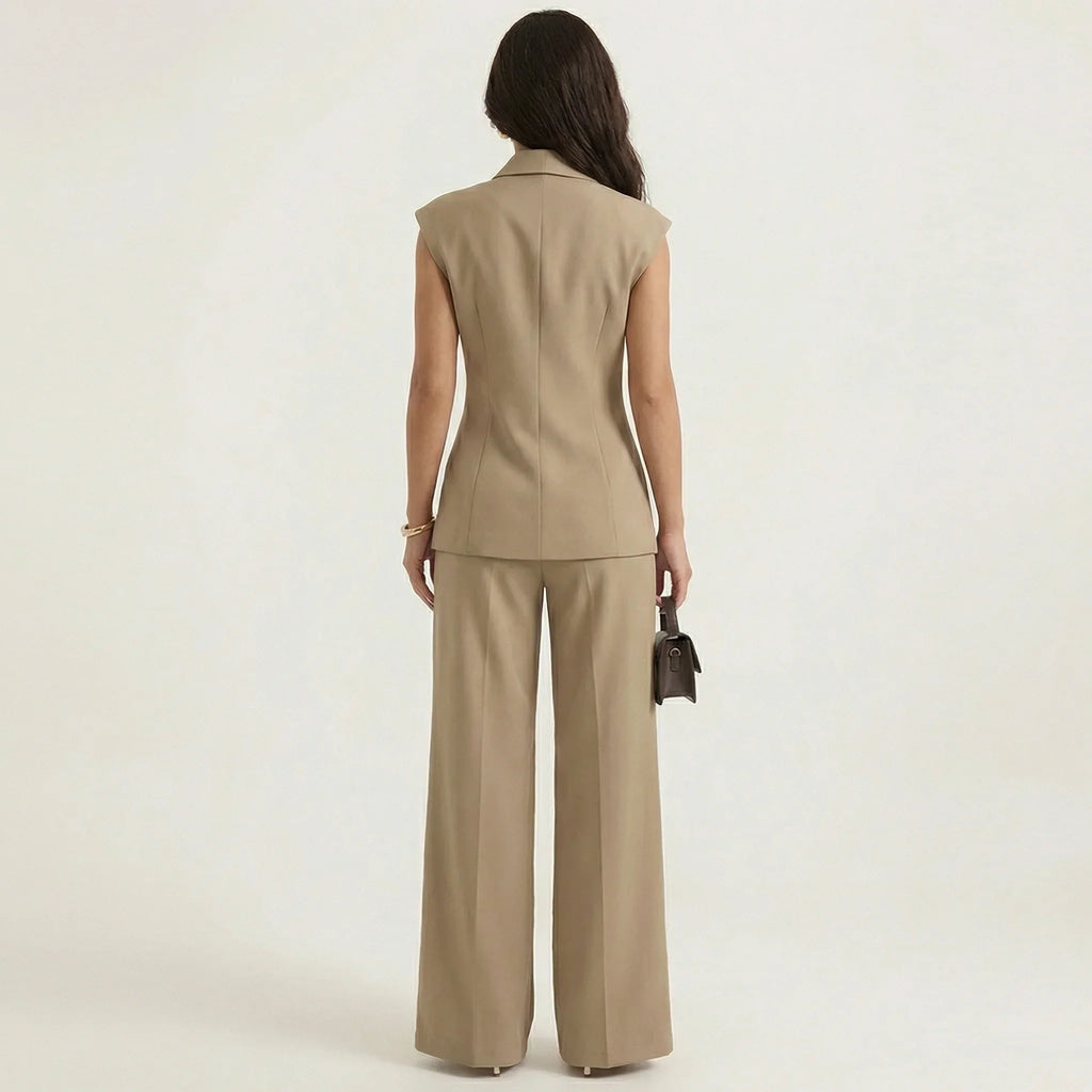Khaki sleeveless double-breasted vest and wide-leg pants suit, back view