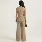 Khaki sleeveless double-breasted vest and wide-leg pants suit, back view