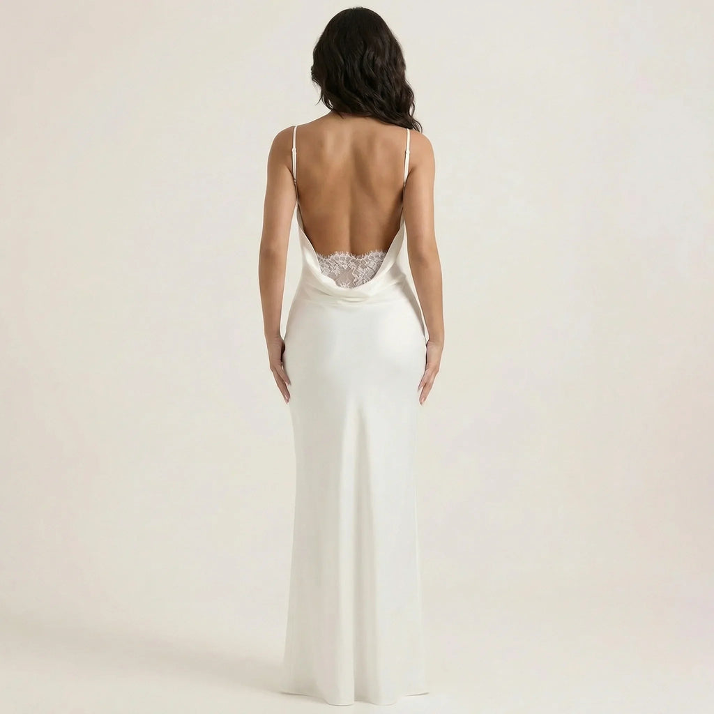 White backless sleeveless ruched maxi dress with thin straps and lace-trimmed back