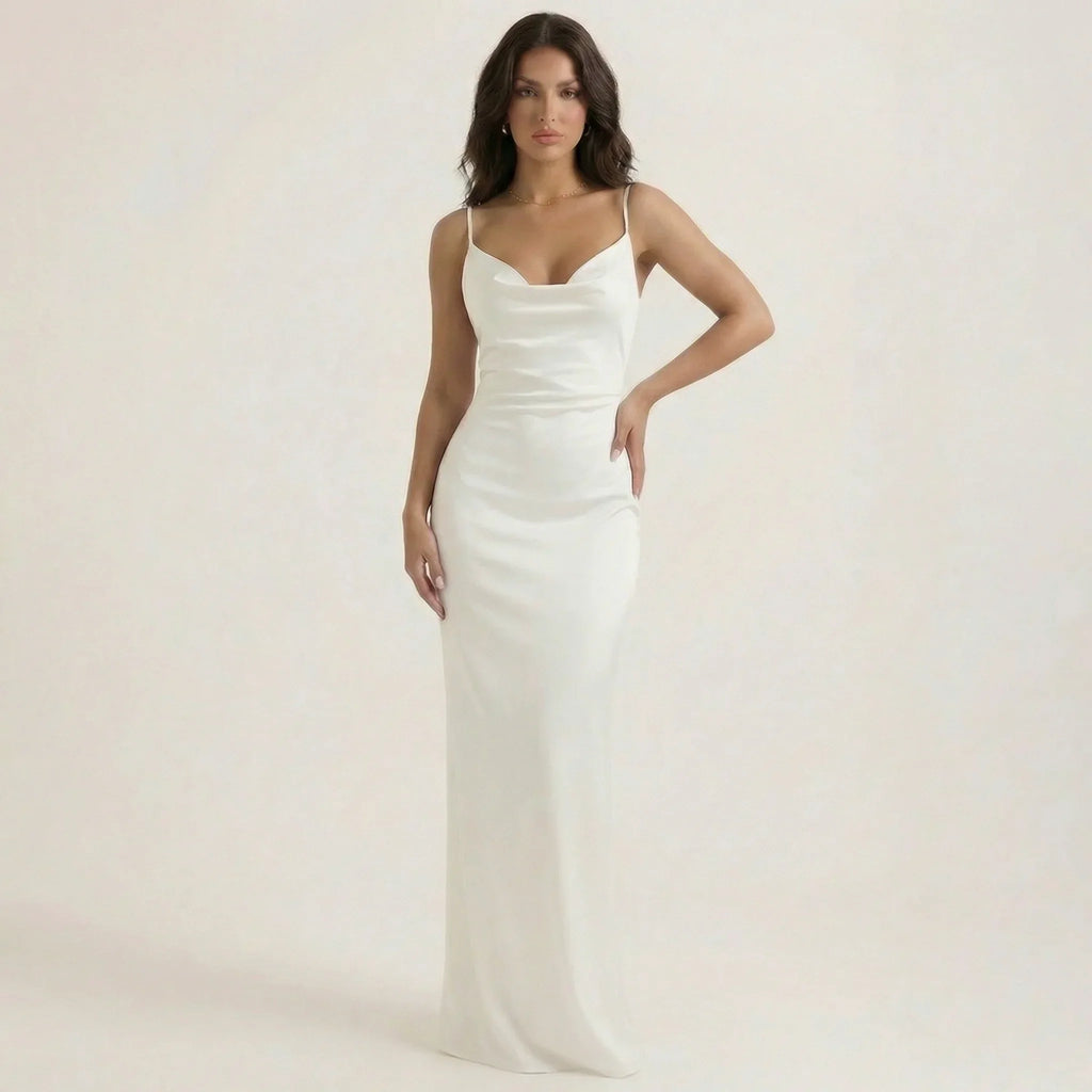 White sleeveless ruched maxi dress with square neckline, fitted bodycon silhouette