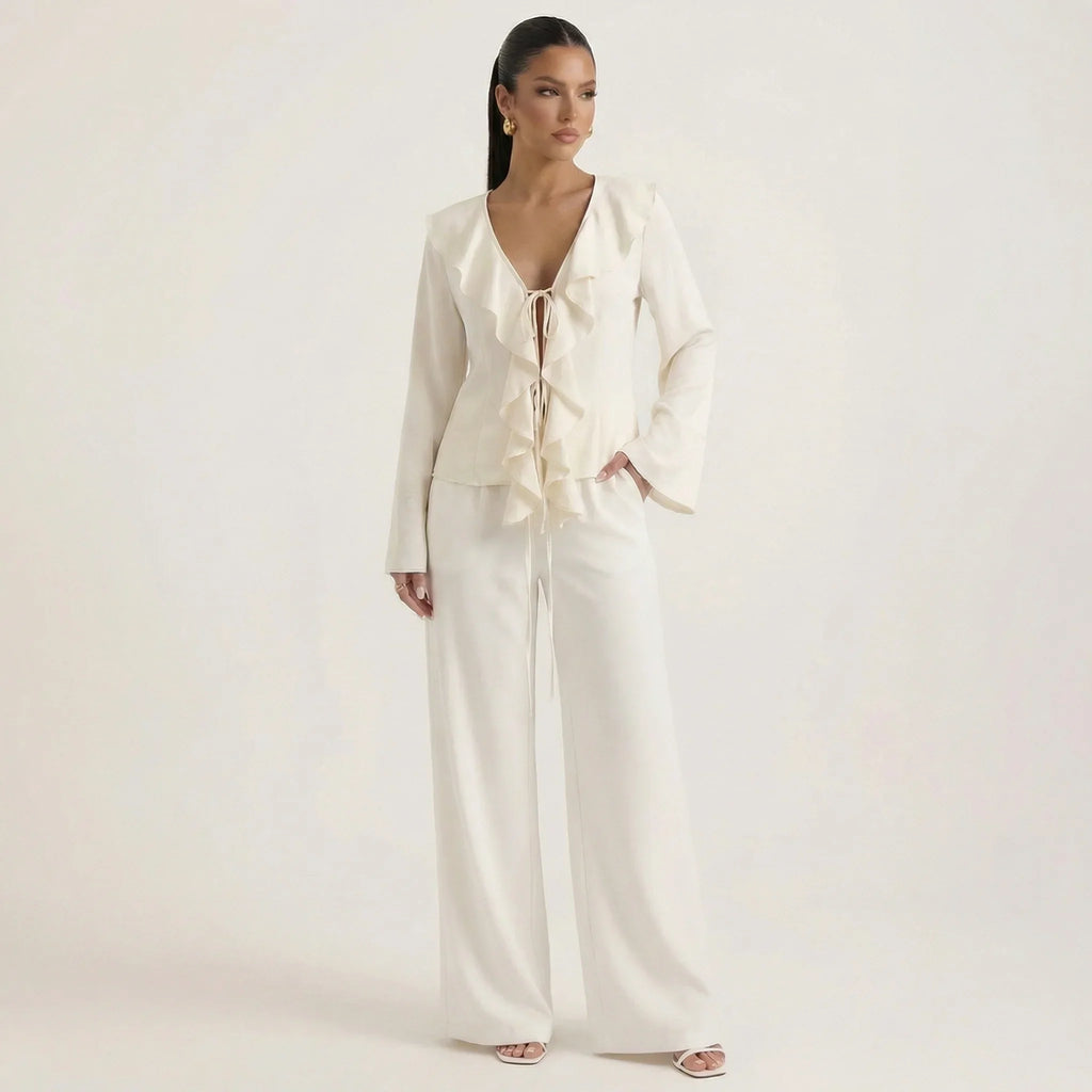 Cream ruffled V-neck lace-up blouse and wide-leg pants set, long sleeves