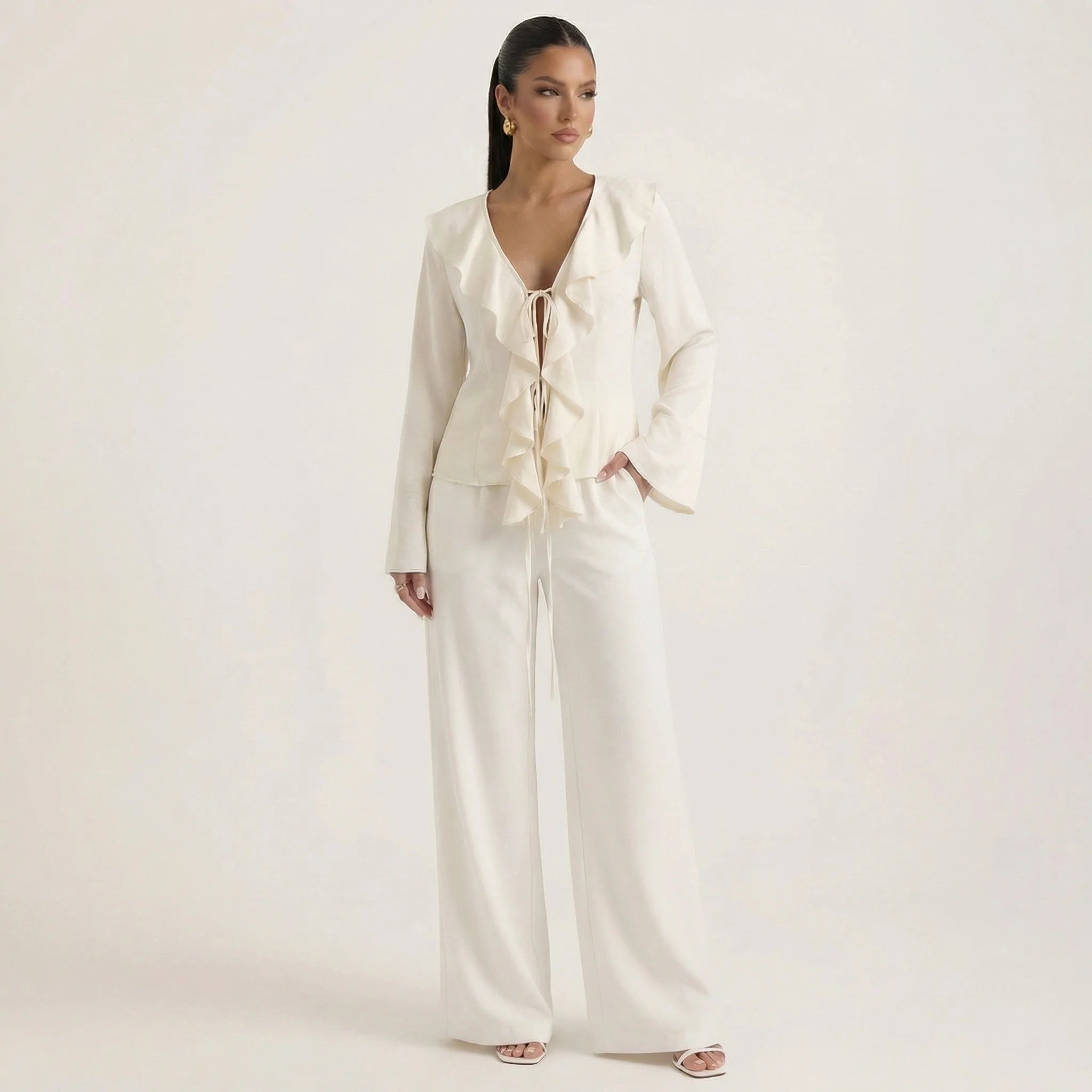 Women’s Ruffled Blouse & Wide Leg Pants Set – V-Neck Lace-Up Two-Piece Outfit