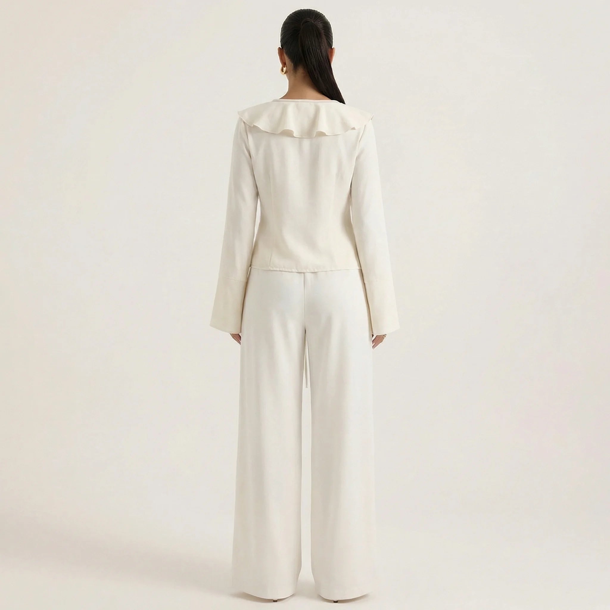 Women’s Ruffled Blouse & Wide Leg Pants Set – V-Neck Lace-Up Two-Piece Outfit