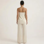 Cream strapless top and wide-leg pants set with wide back and straight waist