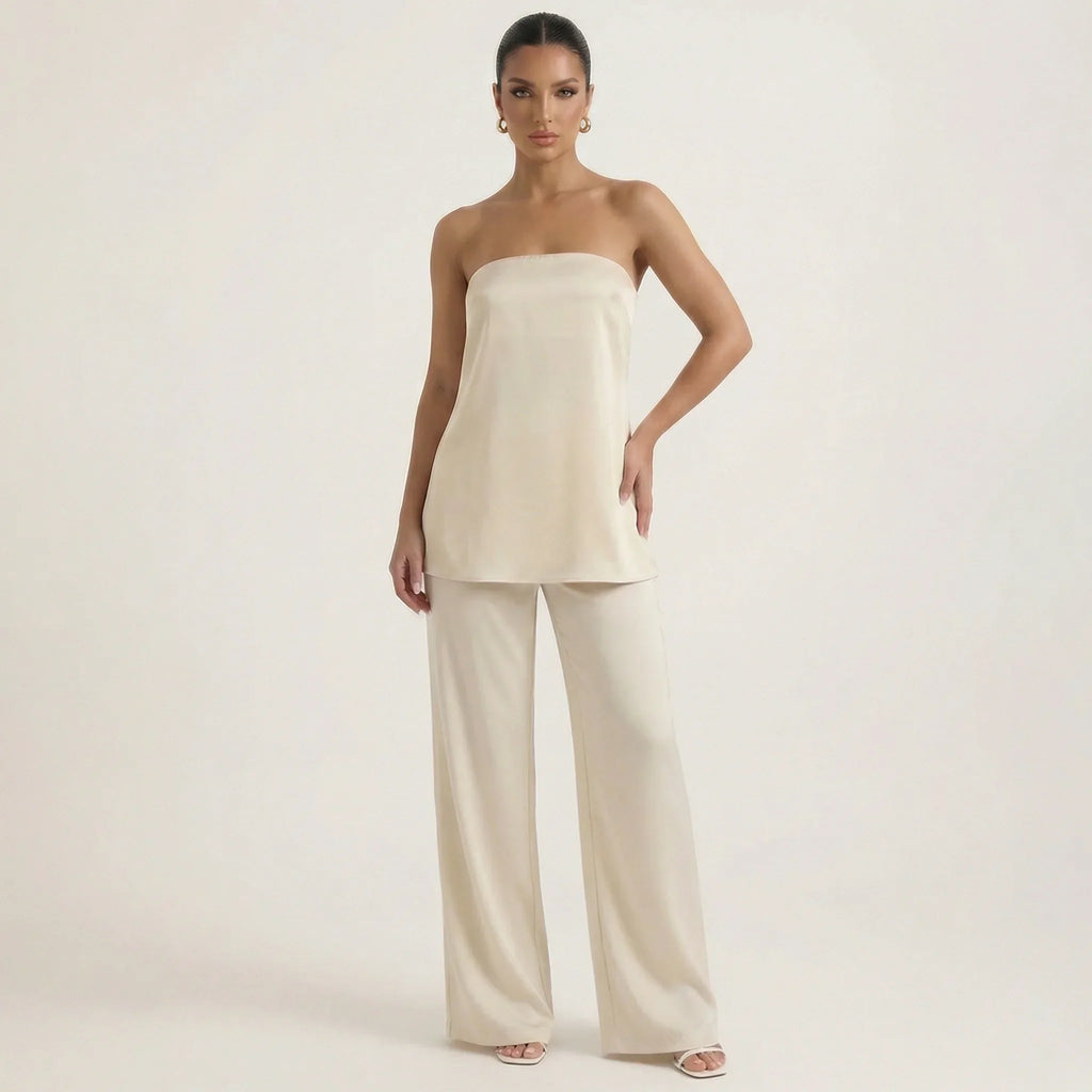 Cream strapless top and wide-leg pants set with smooth bandeau neckline
