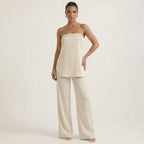 Cream strapless top and wide-leg pants set with smooth bandeau neckline
