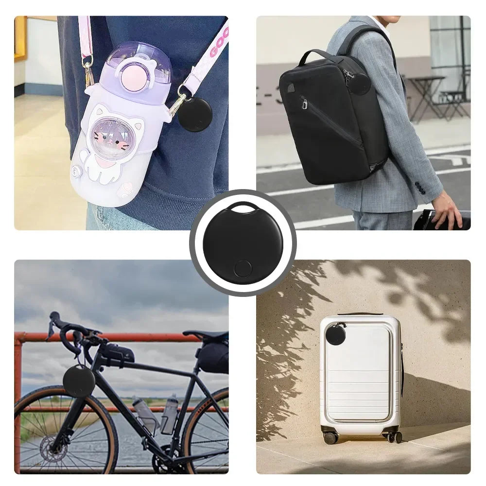 Round black GPS tracker attached to a keychain, shown in use on belongings