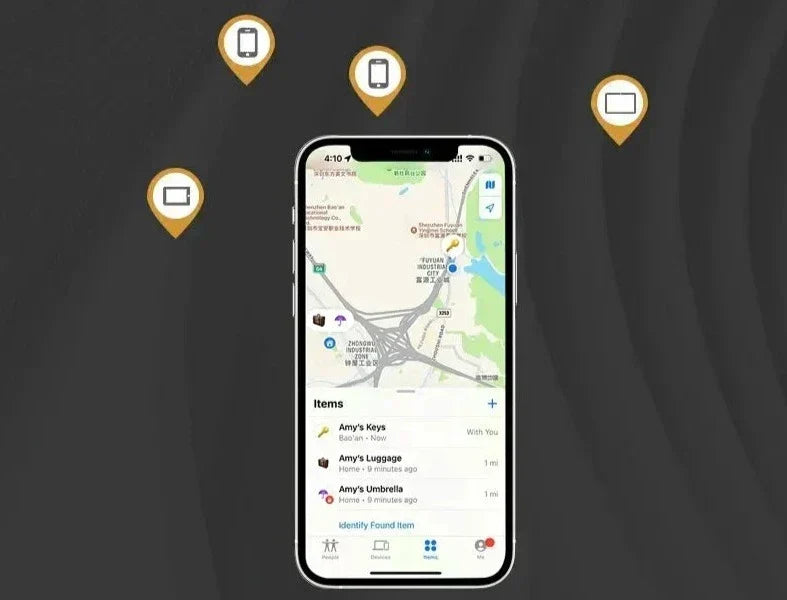 GPS tracker app on smartphone showing a location map and saved items list