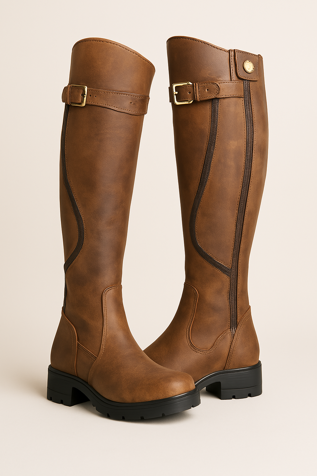 Knee-high brown boots with side buckle strap and chunky lug sole