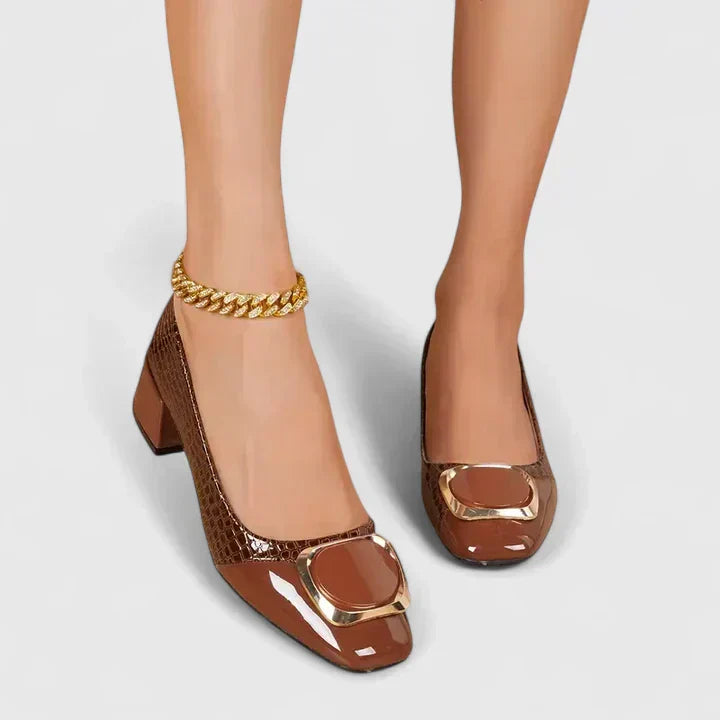 Women's brown croc-texture slip-on loafers with gold buckle straps and block heel