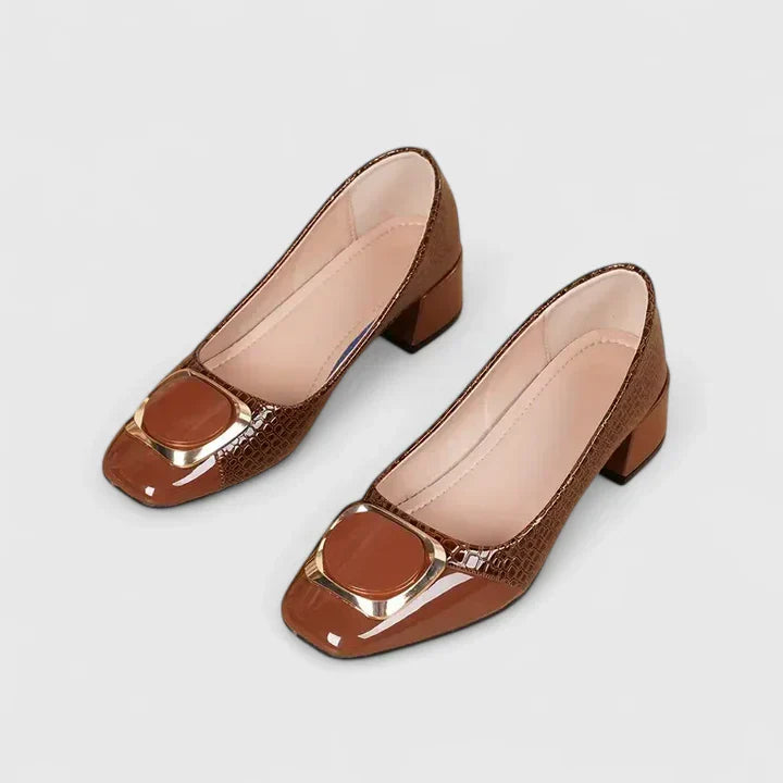 Women's brown croc-texture loafers with gold buckle strap, low block heel
