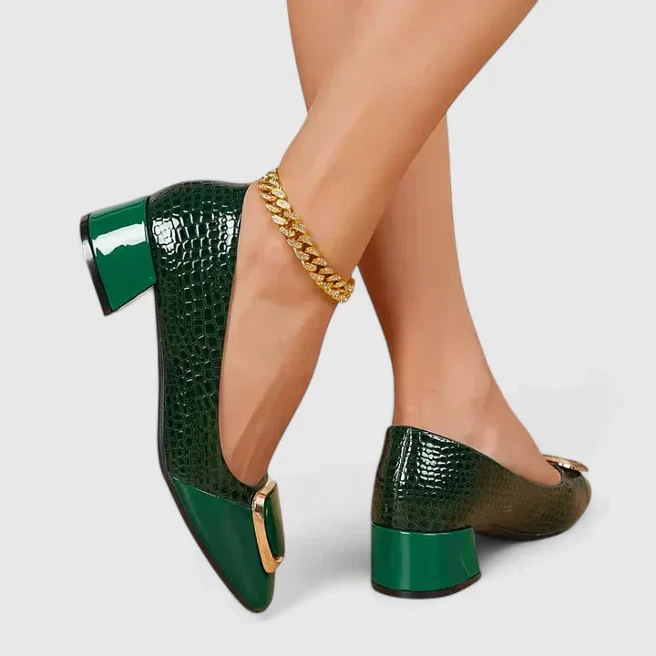 Women's green croc-texture loafers with gold buckle strap and block heel, slip-on