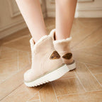 Women’s light beige ankle platform boots with sherpa collar and side logo patch