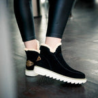 Women’s black ankle platform boots with sherpa cuff, white sole, side logo patch