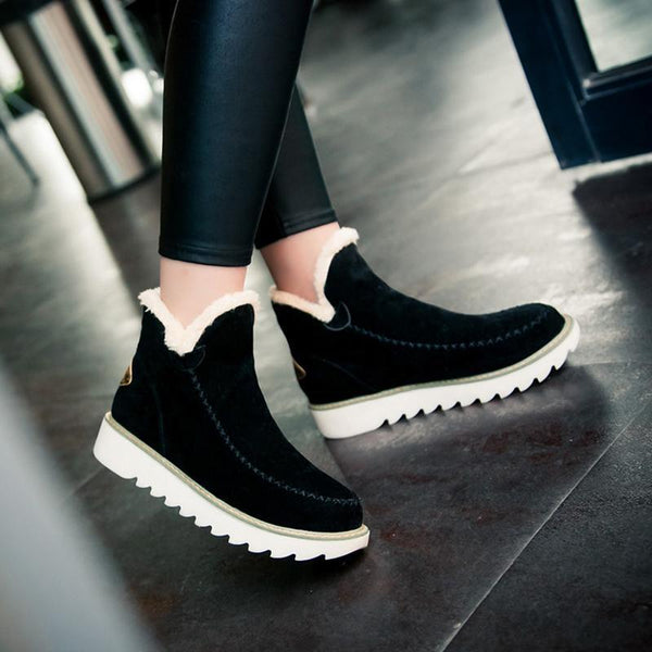 Women’s black ankle platform boots with white sherpa trim and grippy sole