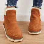 Women’s brown suede ankle platform boots with faux fur cuff and contrast sole