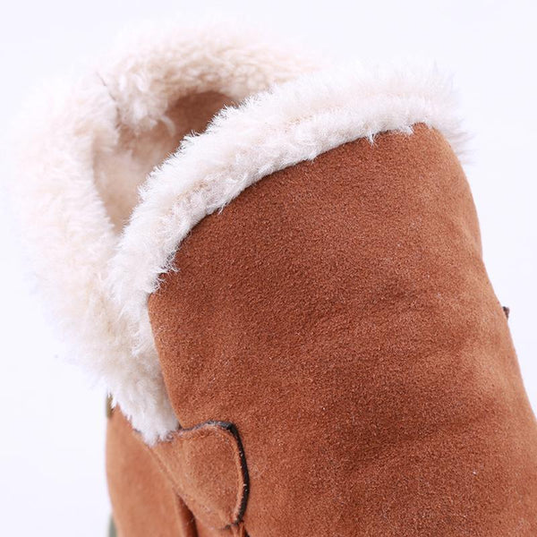 Women's ankle platform boots brown suede with plush cream shearling cuff