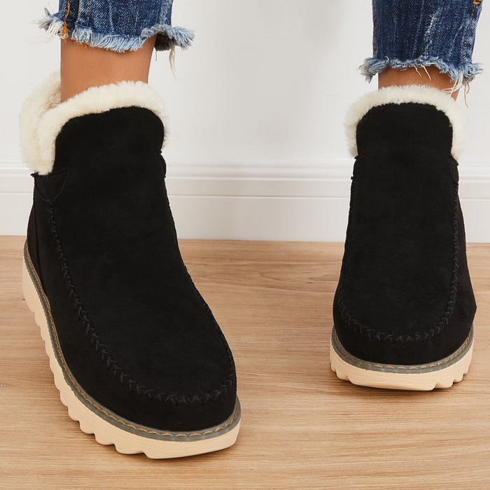 Women's ankle platform boots in black suede with cream sherpa trim